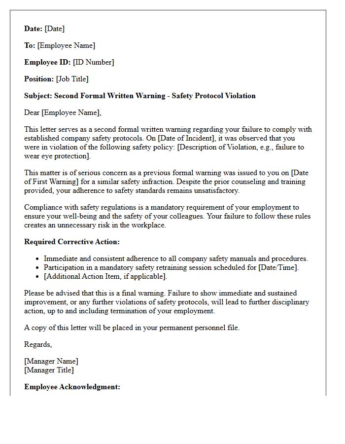Second Formal Written Warning Letter for Safety Protocol Violation