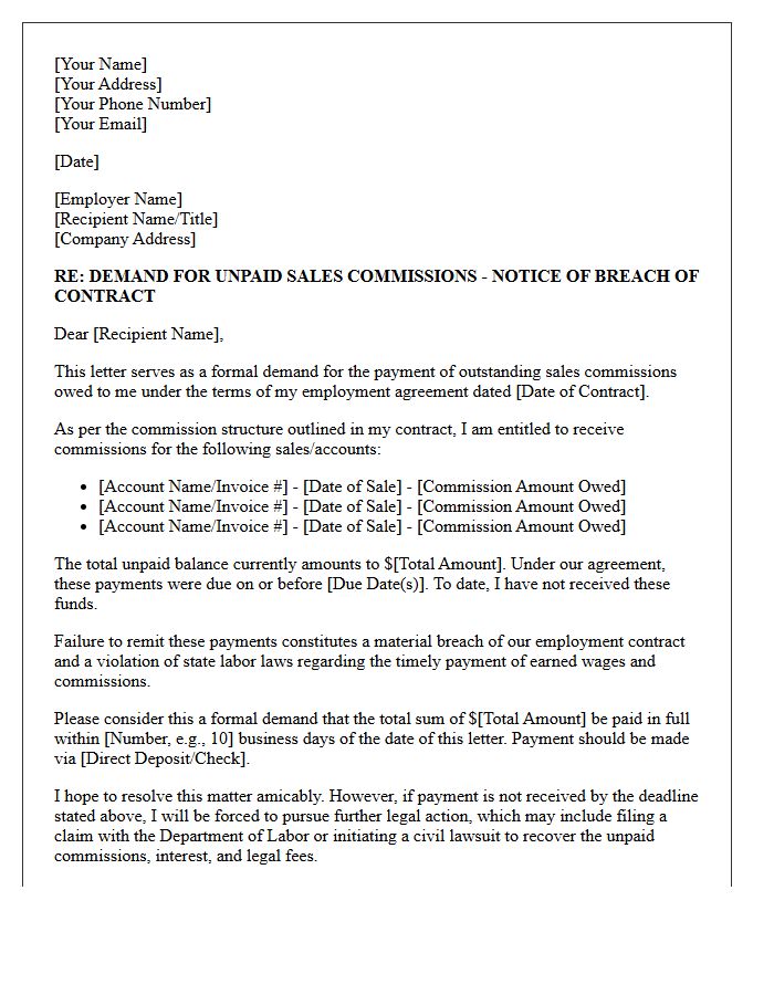 Breach Of Employment Contract Demand Letter For Unpaid Sales Commissions