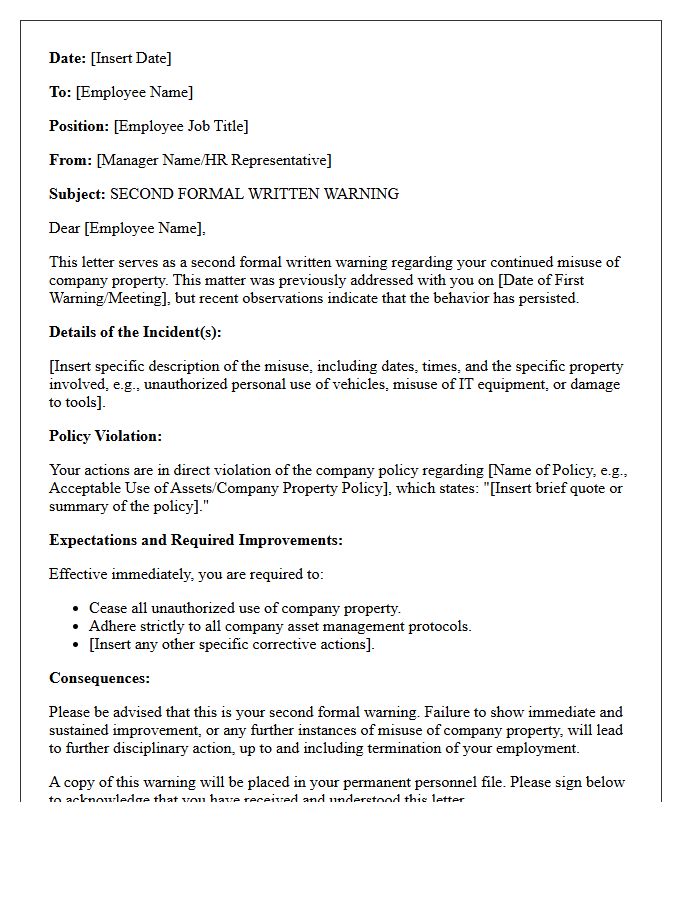 Second Formal Written Warning Letter for Misuse of Company Property