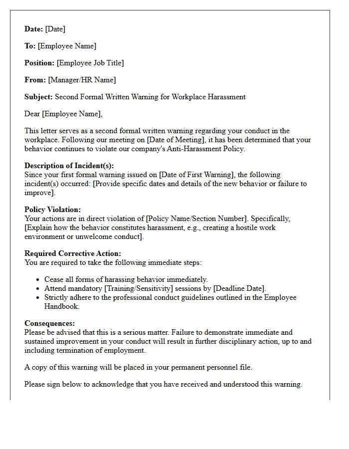 Second Formal Written Warning Letter for Workplace Harassment
