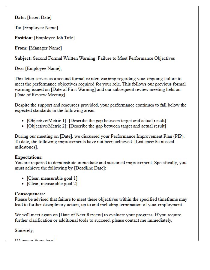 Second Formal Written Warning Letter for Failure to Meet Objectives