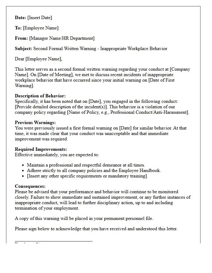 Second Formal Written Warning Letter for Inappropriate Workplace Behavior