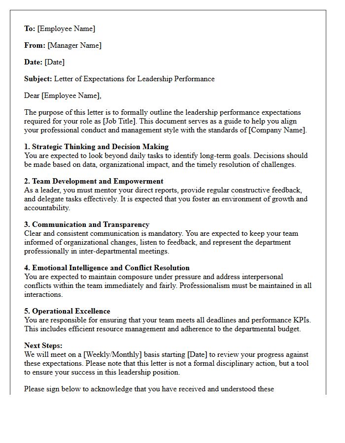 Letter of Expectations for Leadership Performance