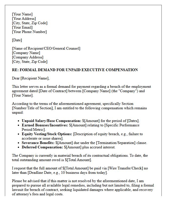 Breach Of Employment Contract Demand Letter For Executive Compensation Disputes