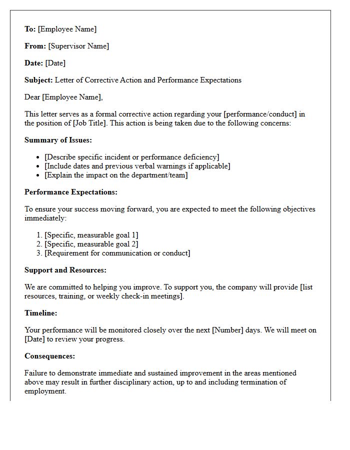 Letter of Corrective Action and Performance Expectations