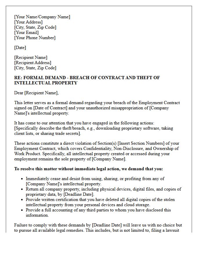 Breach Of Employment Contract Demand Letter For Intellectual Property Theft