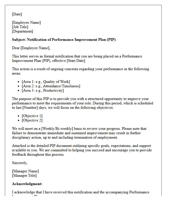 Initial Performance Improvement Plan Notification Letter