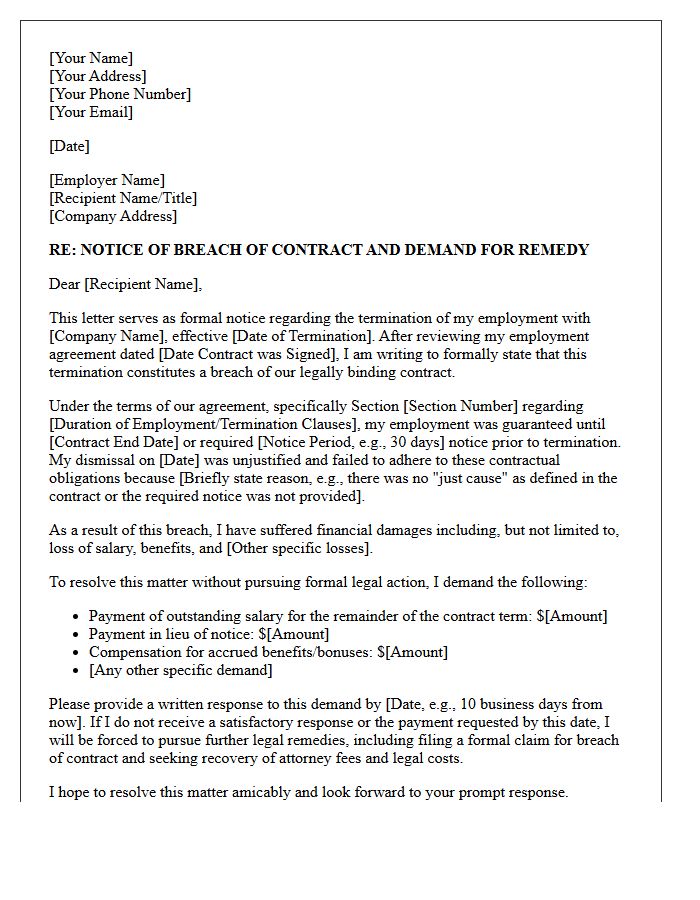 Breach Of Employment Contract Demand Letter For Unjustified Early Termination