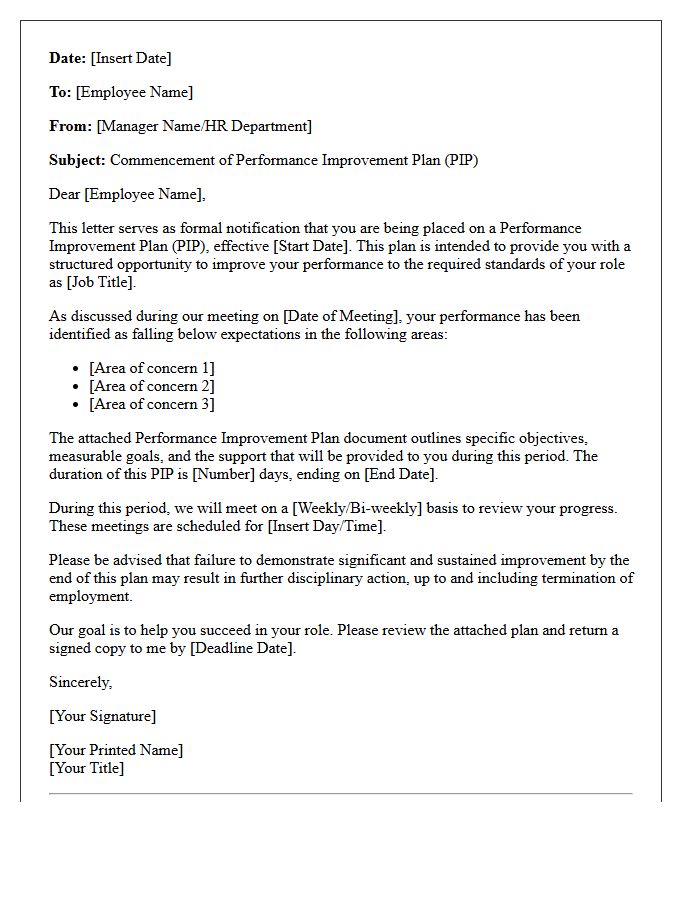 Employee Performance Improvement Plan Commencement Letter