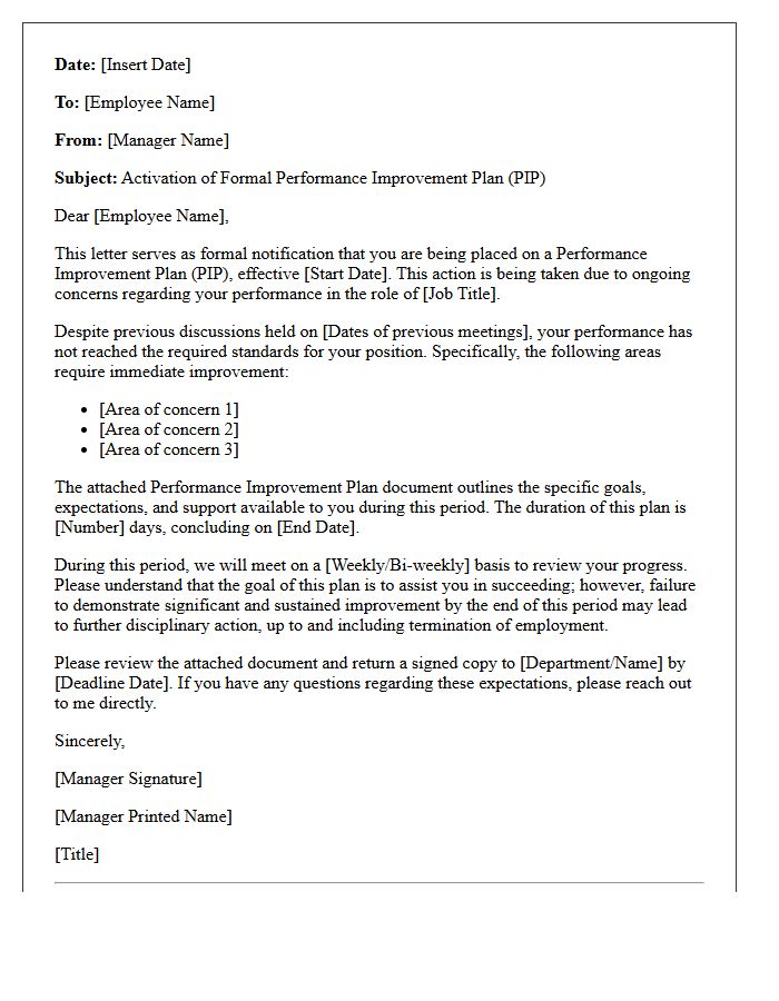 Formal Performance Improvement Plan Activation Letter