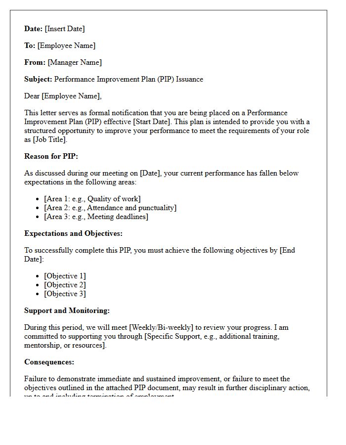 Professional Performance Improvement Plan Issuance Letter
