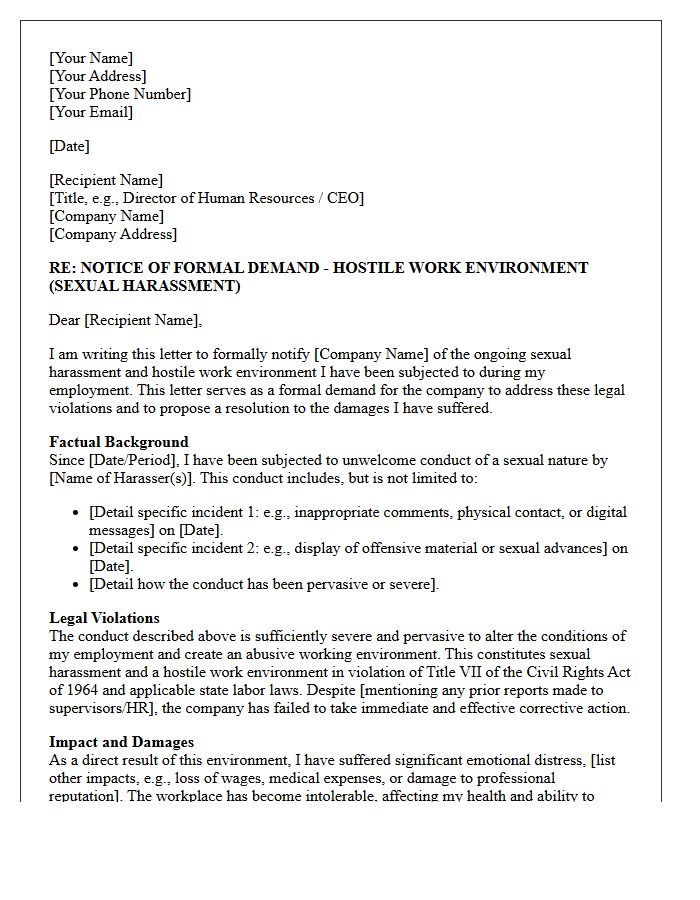 Hostile Work Environment Sexual Harassment Demand Letter