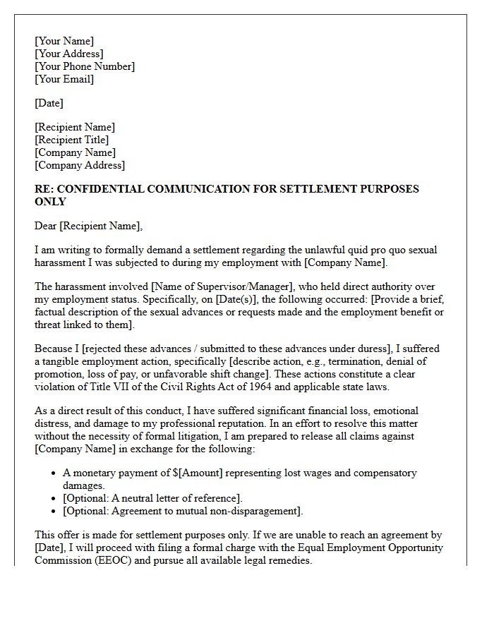 Quid Pro Quo Sexual Harassment Settlement Demand Letter