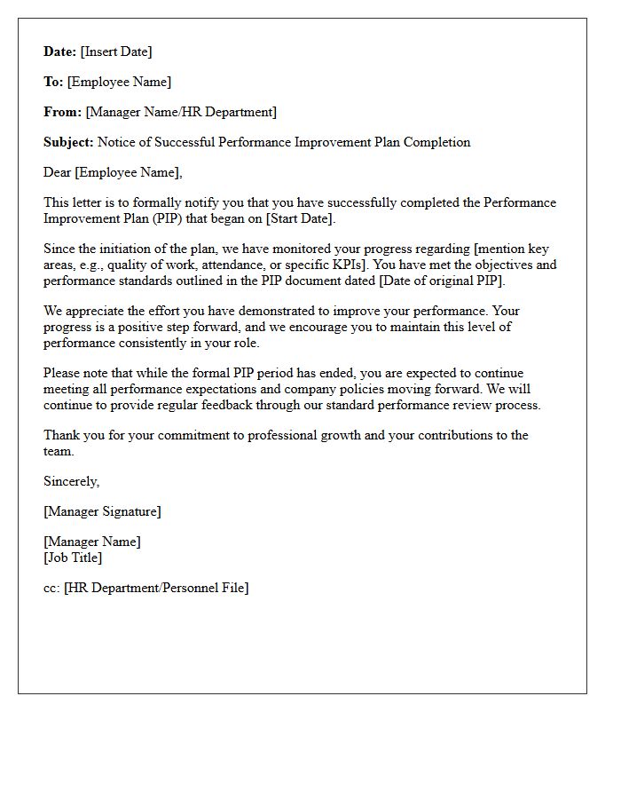 Notice of Successful Performance Improvement Plan Completion Letter