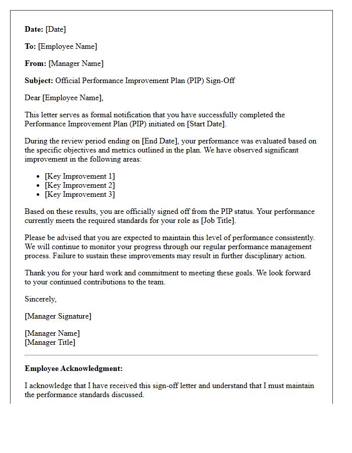 Official Performance Improvement Plan Sign-Off Letter
