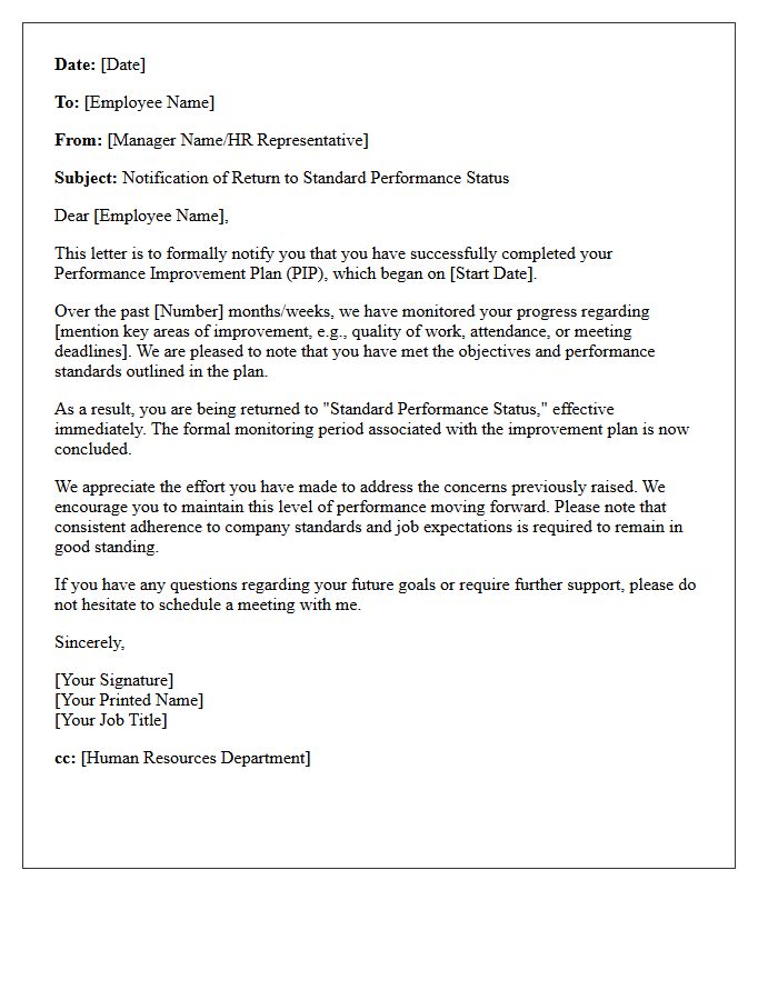 Return to Standard Performance Status Letter