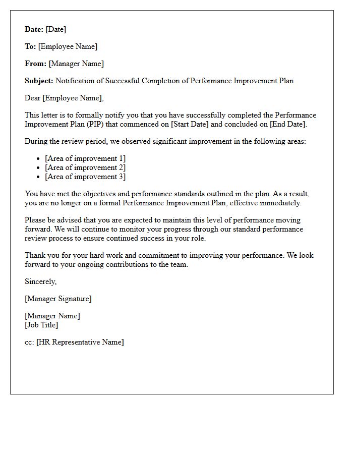 Performance Improvement Plan Success Notification Letter