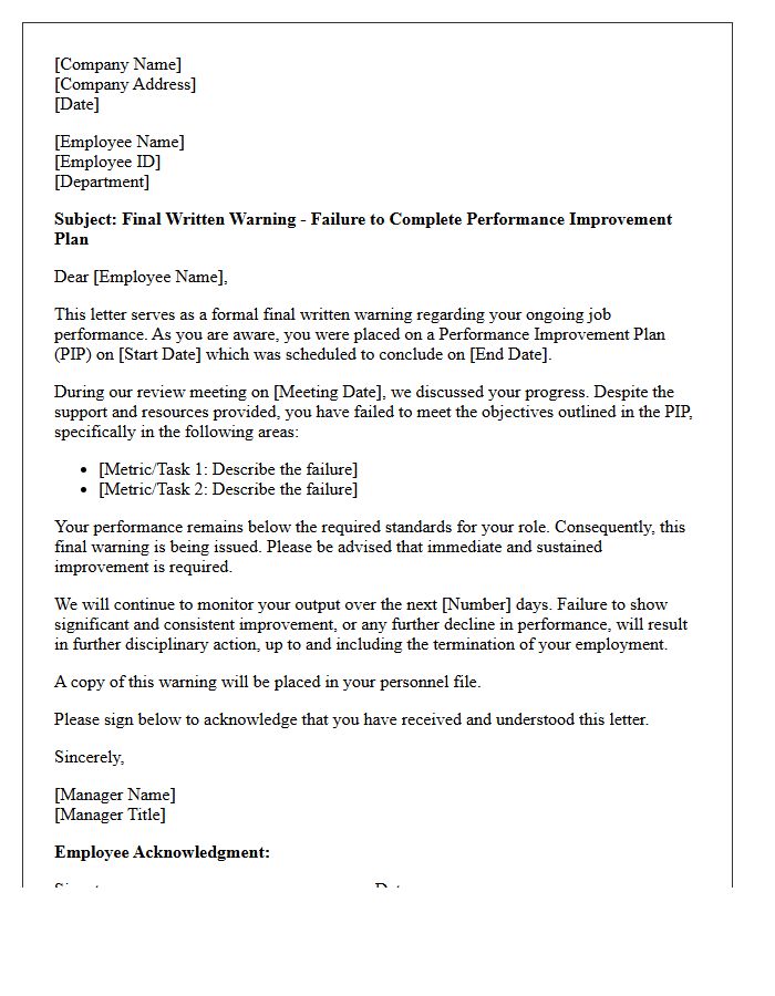 Final Warning Following Performance Improvement Plan Failure Letter
