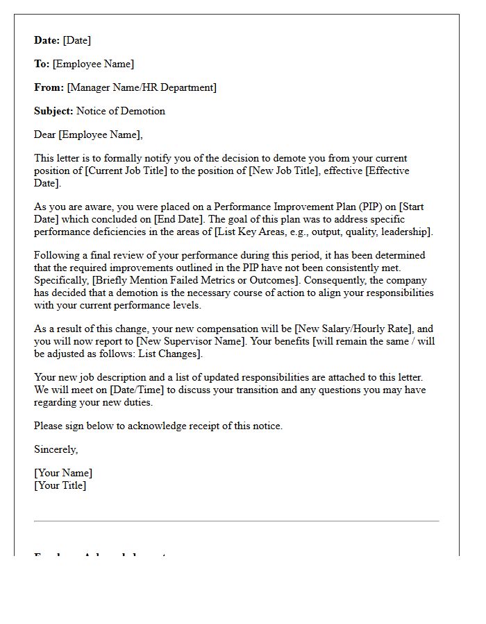 Notice of Demotion After Performance Improvement Plan Failure Letter