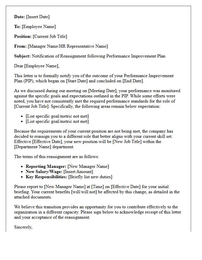 Performance Improvement Plan Failure and Reassignment Letter