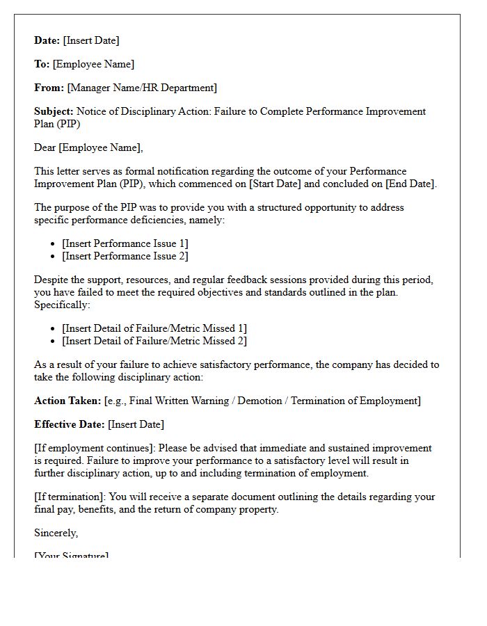 Disciplinary Action for Performance Improvement Plan Failure Letter