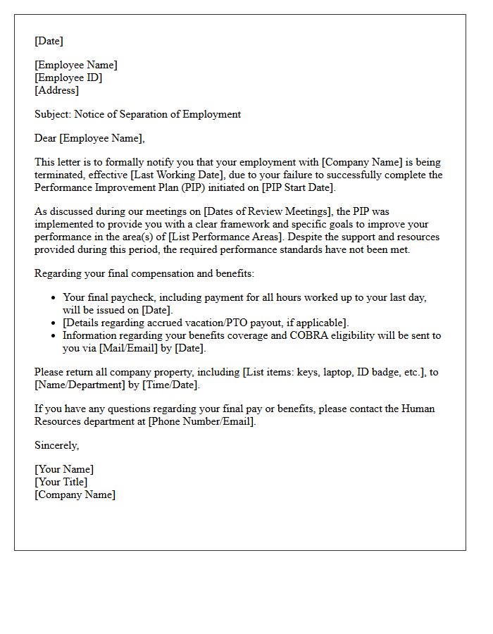 Separation of Employment Due to Performance Improvement Plan Failure Letter
