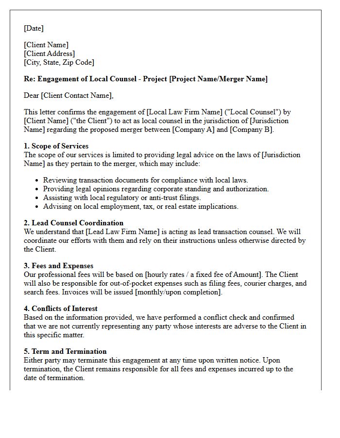 Corporate Merger Local Counsel Engagement Letter