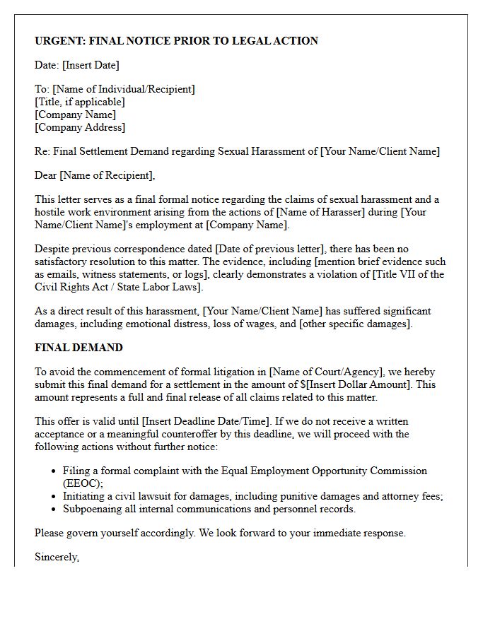 Final Notice Sexual Harassment Settlement Demand Letter