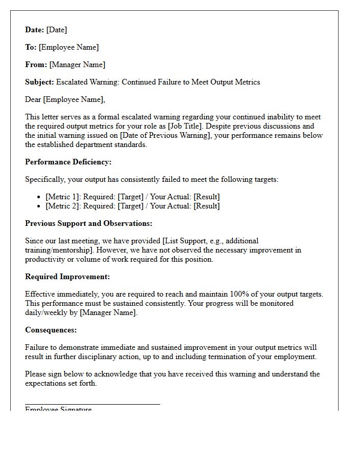 Escalated Warning Letter for Continued Unmet Output Metrics
