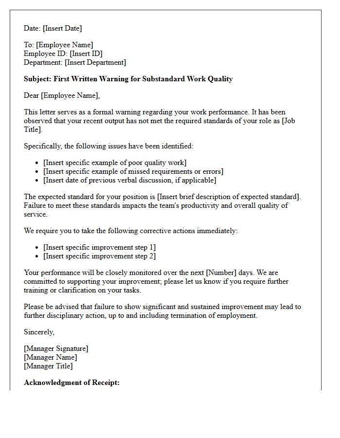 First Warning Letter for Substandard Work Quality