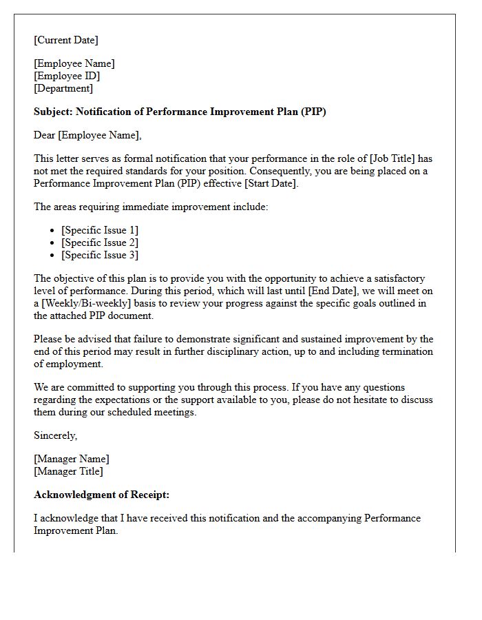 Performance Improvement Plan Notification Letter