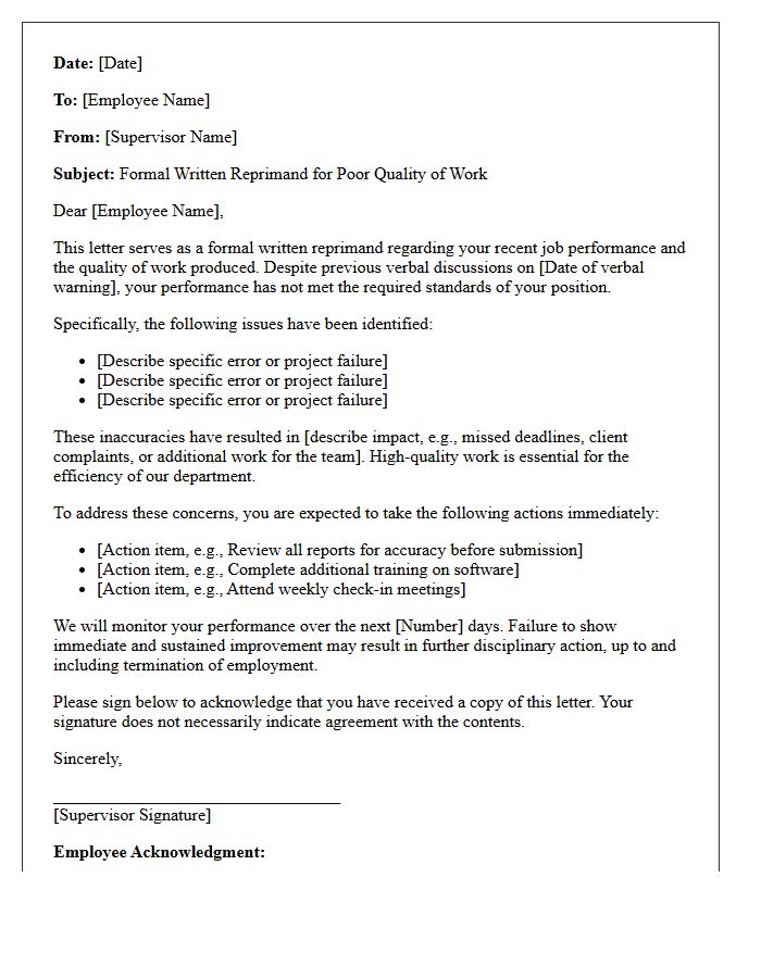 Written Reprimand Letter for Poor Quality of Work