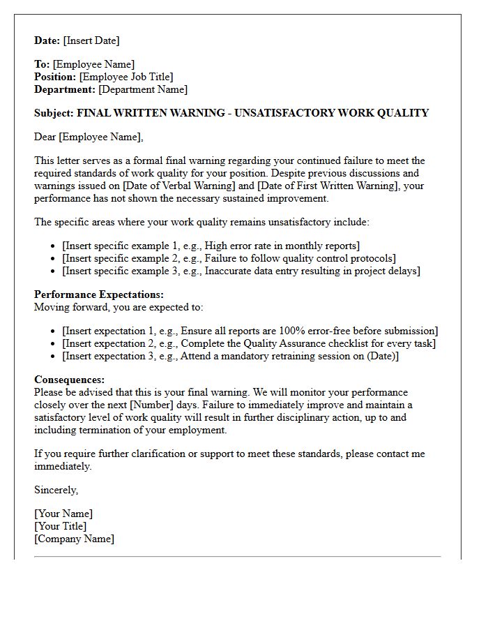 Final Warning Letter for Unsatisfactory Work Quality