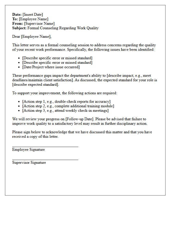 Formal Counseling Letter Regarding Work Quality