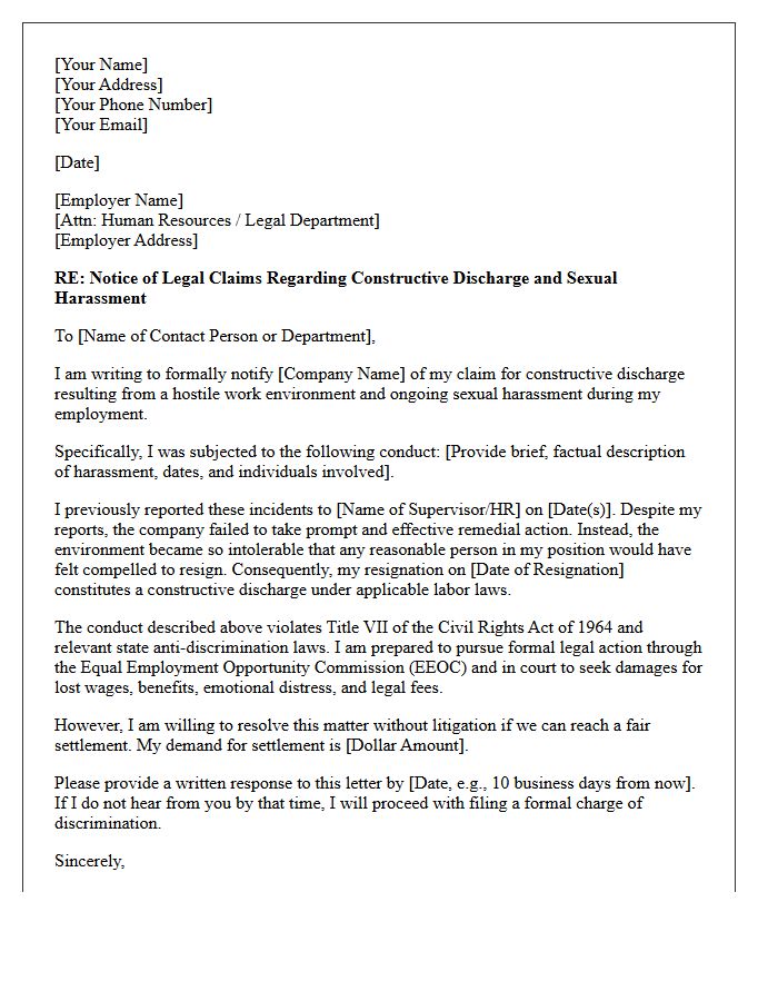 Constructive Discharge Sexual Harassment Demand Letter