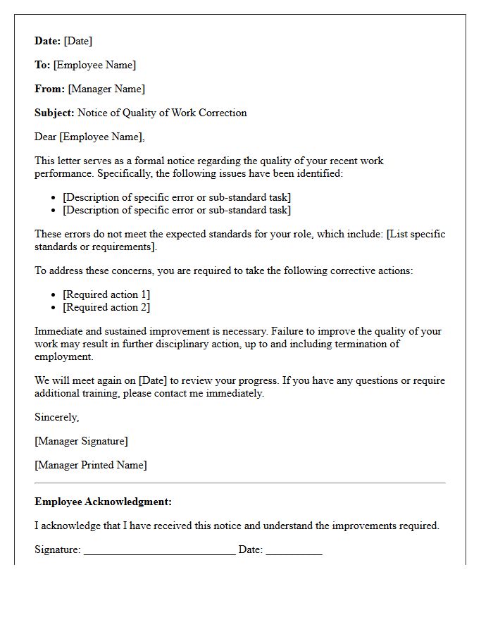Quality of Work Correction Notice Letter