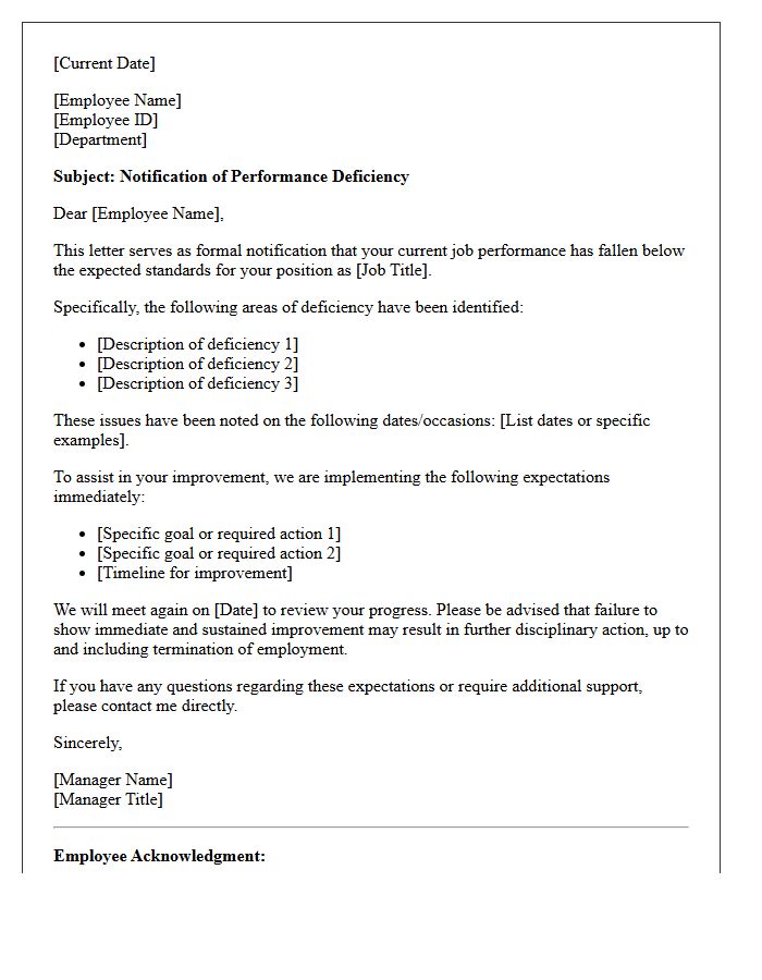 Employee Performance Deficiency Notification Letter