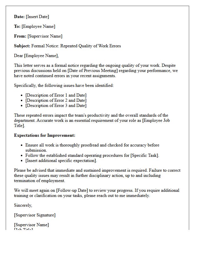 Notice of Repeated Quality of Work Errors Letter