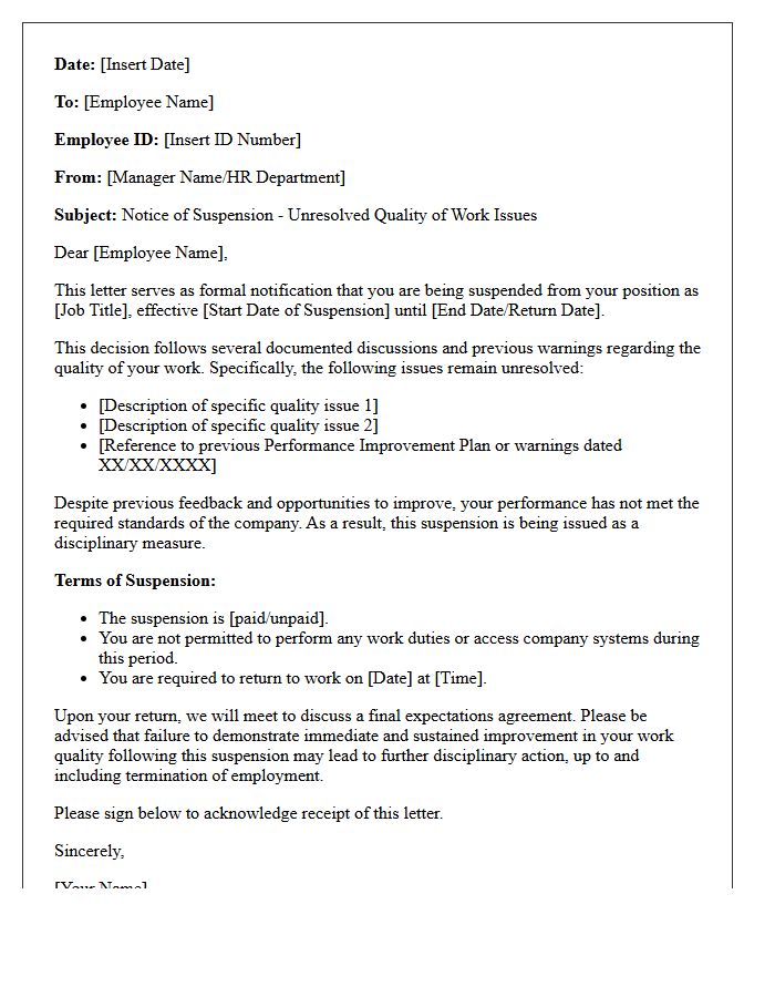 Suspension Letter for Unresolved Quality of Work Issues