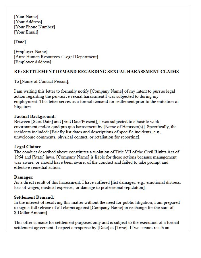 Employee Sexual Harassment Claim Settlement Demand Letter