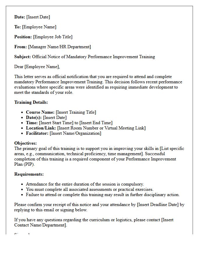 Official Notice of Mandatory Performance Improvement Training Letter