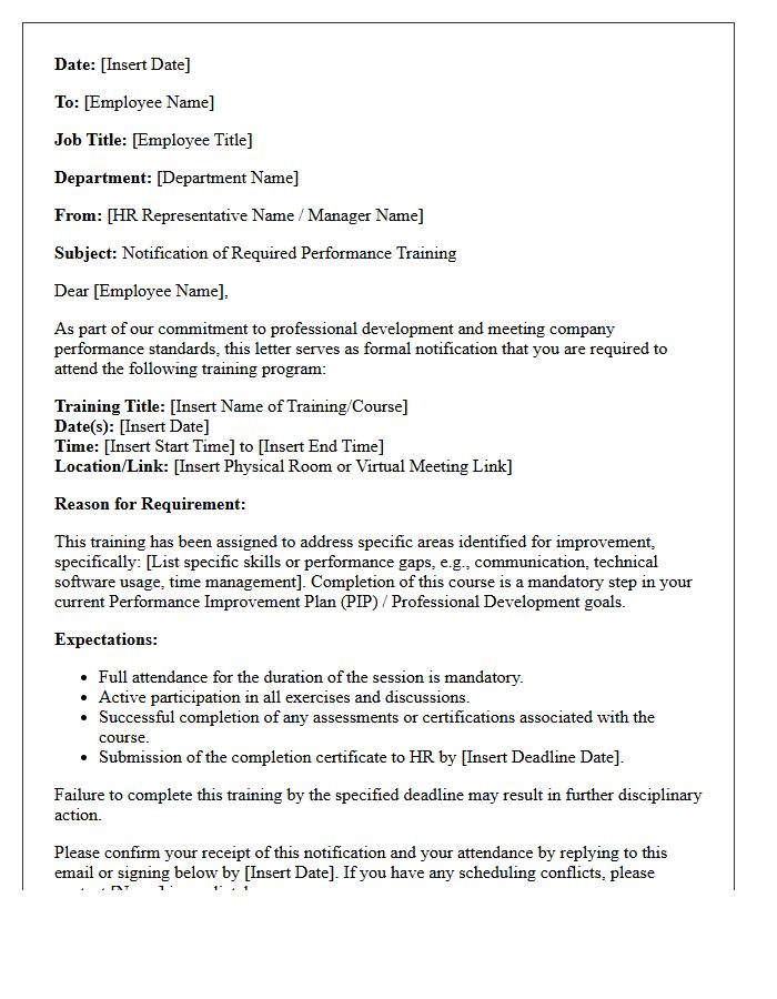 Human Resources Notification of Required Performance Training Letter