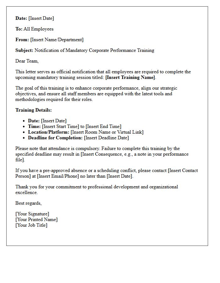 Notification of Mandatory Corporate Performance Training Letter