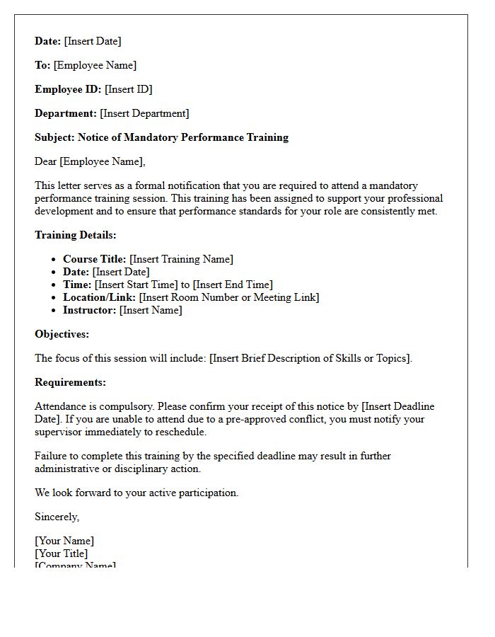Standard Notice of Mandatory Performance Training Letter