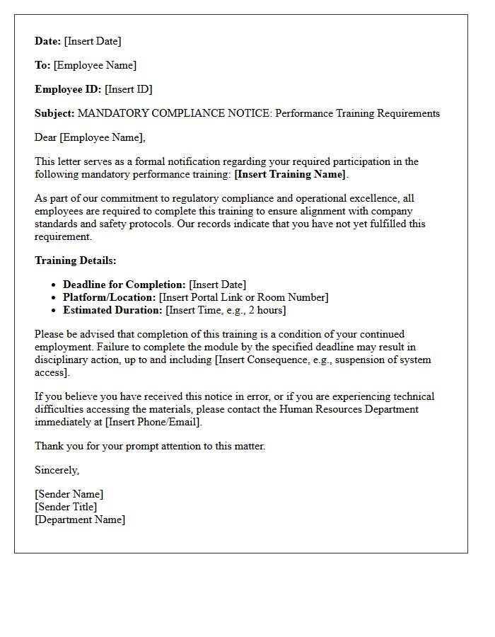 Compliance Notification for Mandatory Performance Training Letter