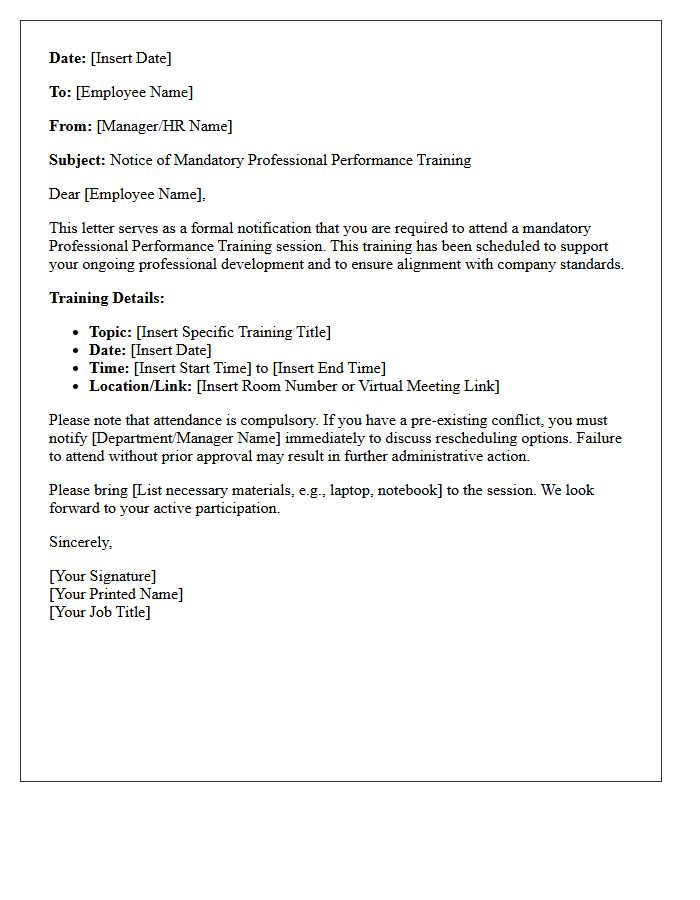 Mandatory Professional Performance Training Notice Letter