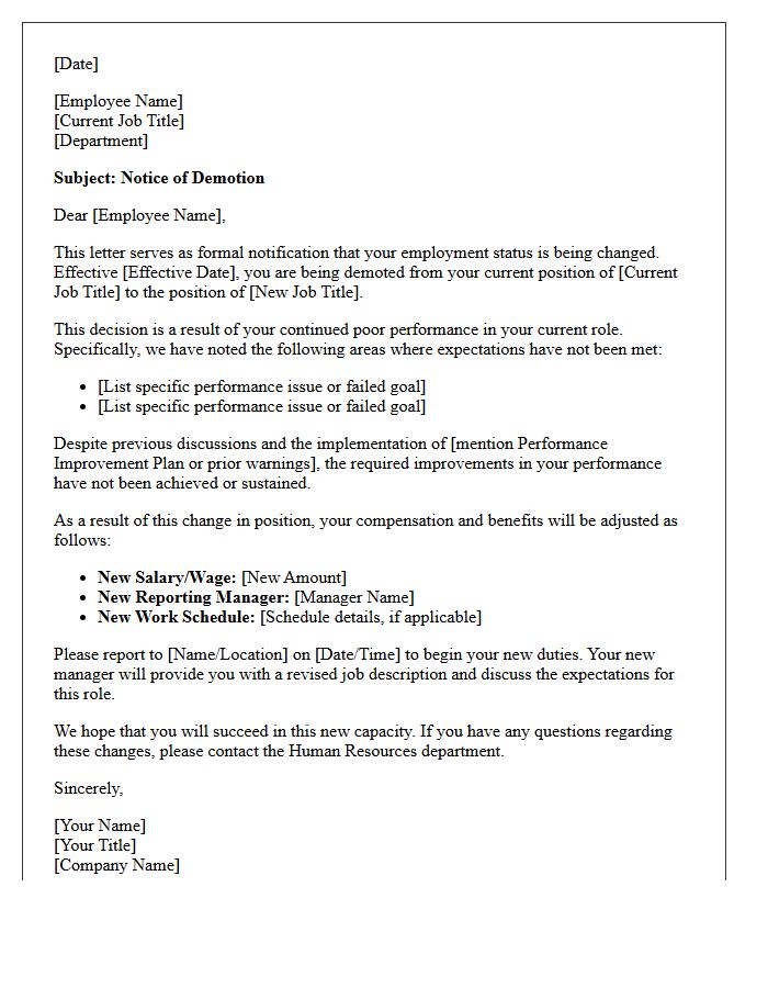 Notice of Demotion Due to Poor Performance Letter
