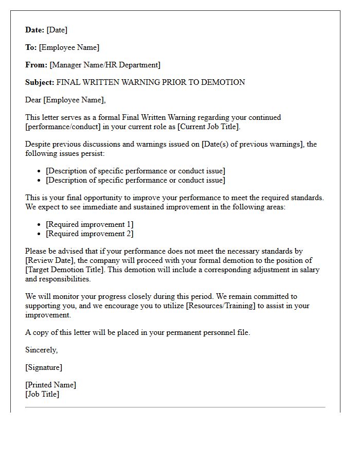 Final Written Warning Prior to Demotion Letter