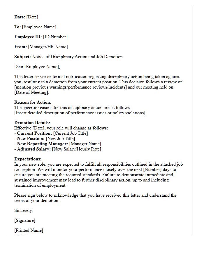 Disciplinary Action and Job Demotion Notice Letter