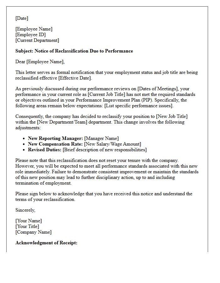 Notice of Reclassification Due to Poor Performance Letter